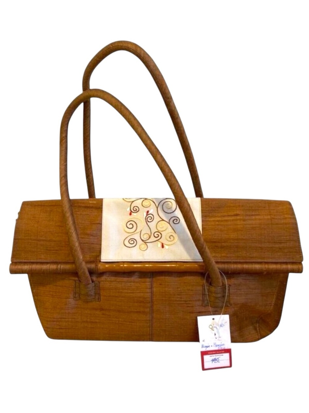 Vintage NWT Handcrafted Bamboo Fiber Handbag With Embroidered Flap By Concubine